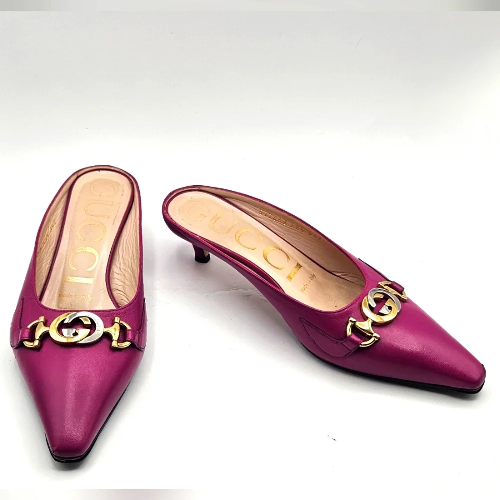 Gucci Zumi leather mules slides kitten heel shoes fuschia 35.5 size 5 - Picture 1 of 12